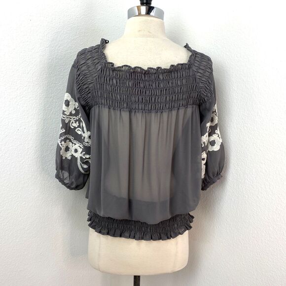 Twelve By Twelve Gray Sheer Embroidered Blouse XS Boho Fairy Whimsy Goth Peasant - Picture 7 of 10
